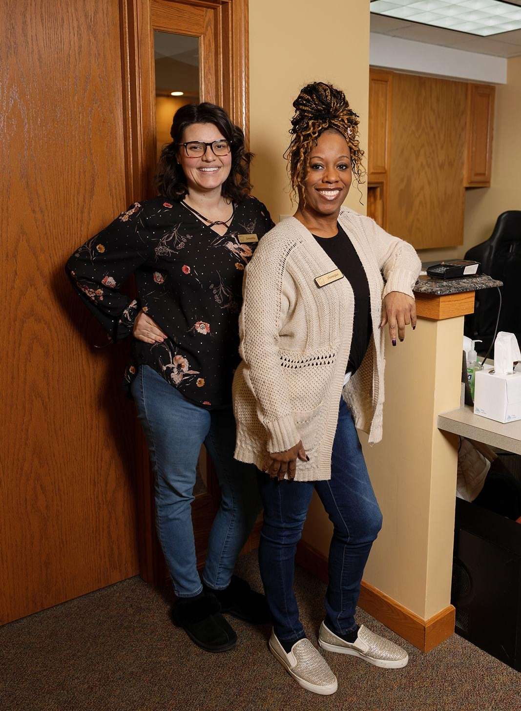Two receptionists at front desk of Thomas Family Dentistry in Hermitage 16148